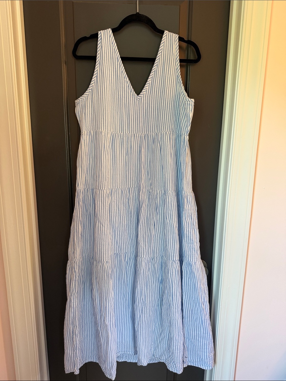 Quince 100% Cotton Blue and White Striped Tiered V-Neck Maxi Dress Size S - Picture 5 of 5